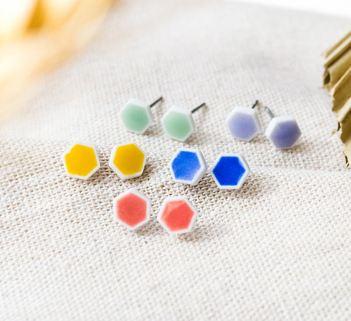 Hexagon Ohrstecker - Porzellan Edelstahl