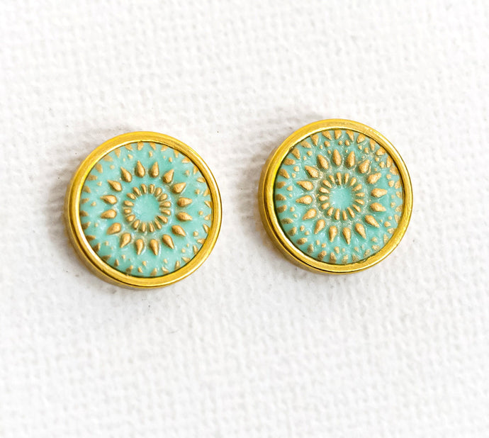 Ohrstecker - MINT Mandala Bohemian Gold Türkis Pastell - Edelstahl