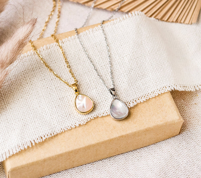 Tropfen Perlmutt Kette Gold / Silber - Muschel Weiß