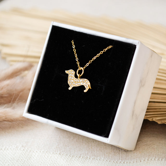Dackel Hunde Kette - Zirkonia Edelstahl / 925er Sterlingsilber - Gold / Silberfarben - Geschenk - Dog - Hund - Tier - Dachshund