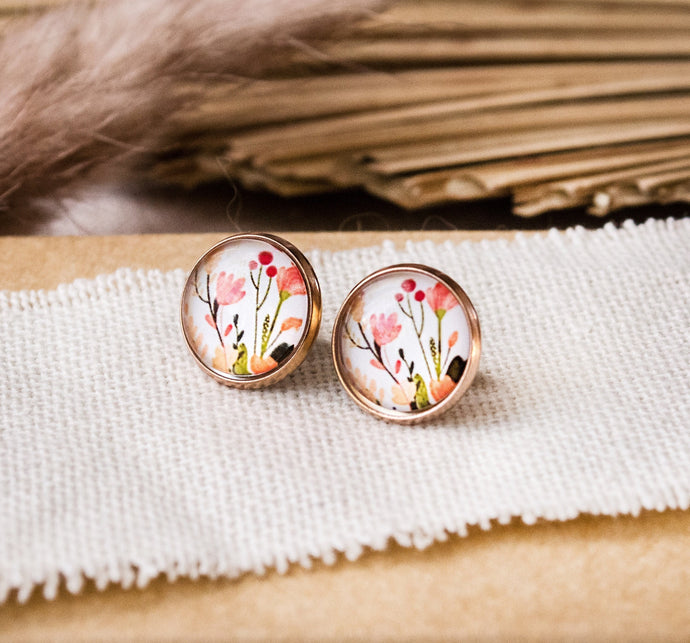 Glasohrstecker - Rose gold Blumen